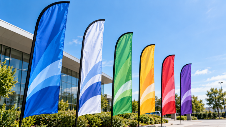 Colorful Feather Flags by Modern Building