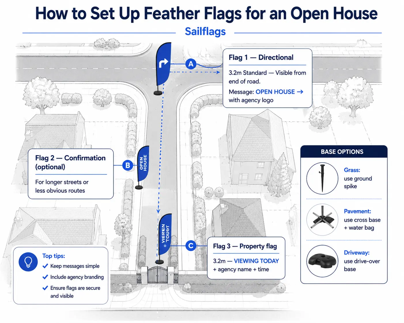 Infographic on how to set up feather flags for an open house