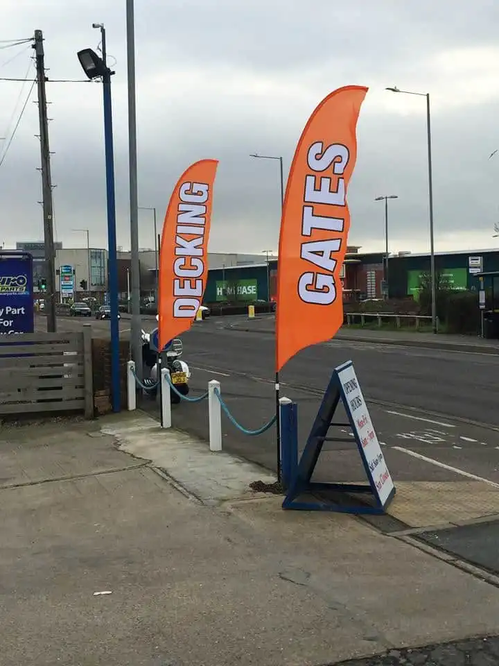 promotional flags with decking and gates on